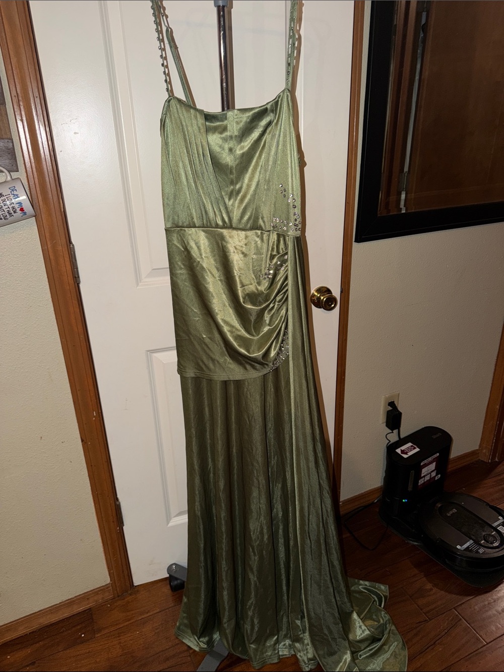 Olive Green Satin Maxi Dress with Draped Detail